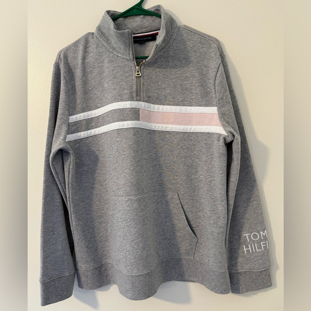 Tommy Hilfiger Gray Quarter-Zip Pullover with Pink & White Stripes